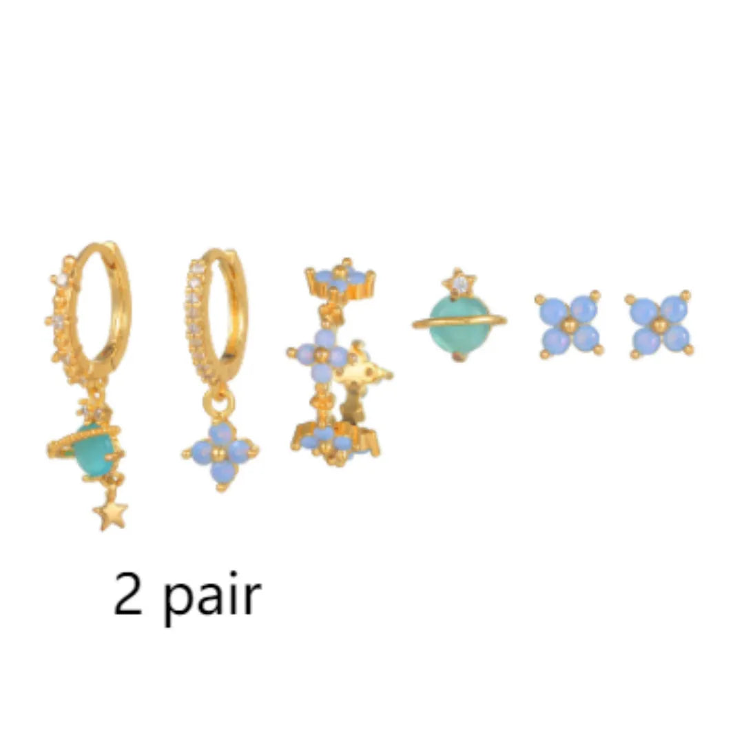 Japanese Korean style floral stud earrings with zircon mosaic in gold or silver colour