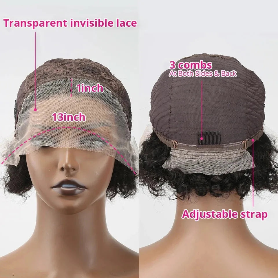 Black human hair pixie wig with lace cover in 13x1 colour