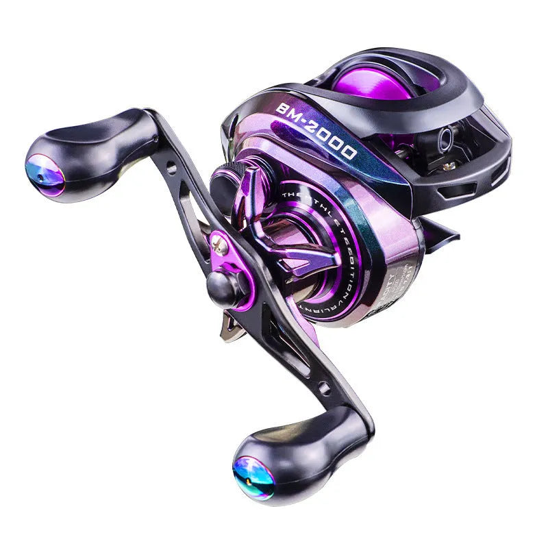 BM2000 fishing reel model showing magnetic brake system, available in left-hand and right-hand versions.