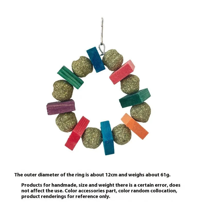 Hamster chew toy featuring straw ball ring design in colourful sequin or natural applewood finish