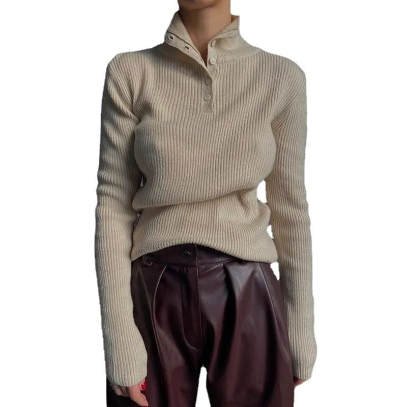 Retro breasted half turtleneck women's pullover sweater in slim fit with single-breasted placket closure