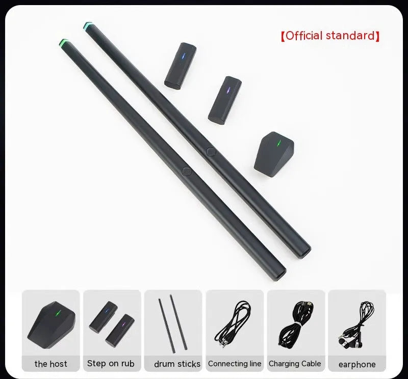 Black somatosensory air drum kit with wireless 2.4G connection, LED lighting, drumsticks, and charging cable