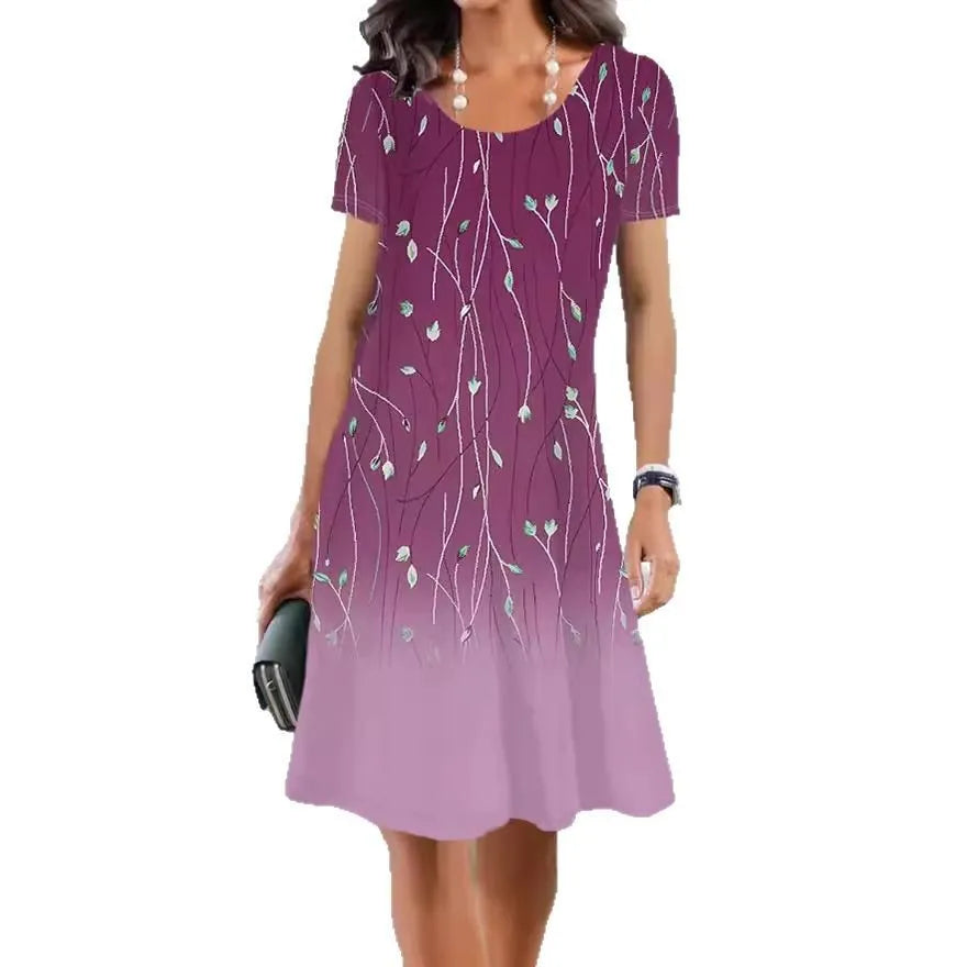 Women's floral print ice silk summer dress with A-line mid-length skirt and short sleeves