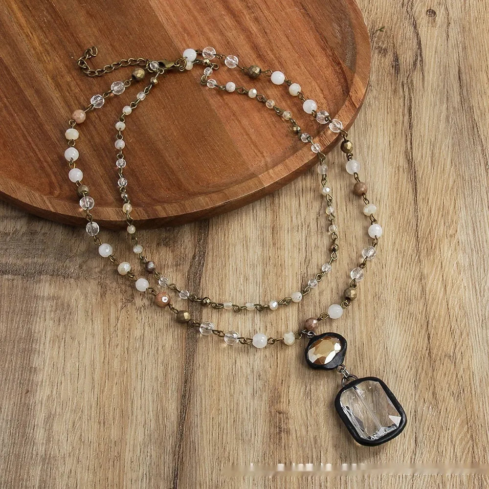 Two-layer tribal necklace with natural stone and glass pendant on adjustable chain