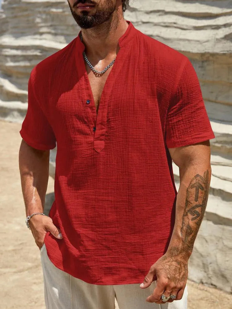 Men's solid colour short-sleeved casual shirt with a stand collar, shown in a light blue colour.
