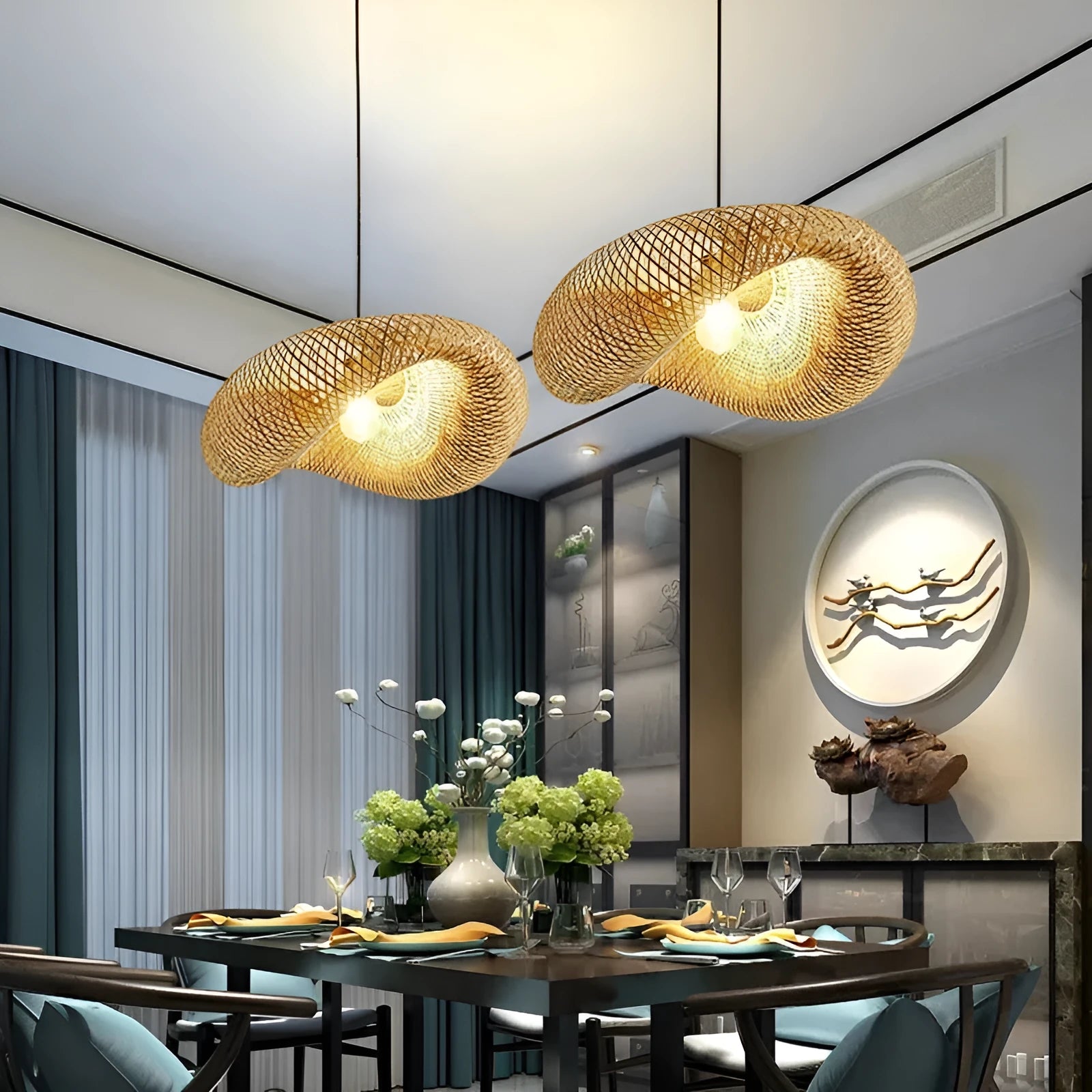 Bamboo straw hat-shaped hanging pendant lamp with natural woven shade for ceiling installation