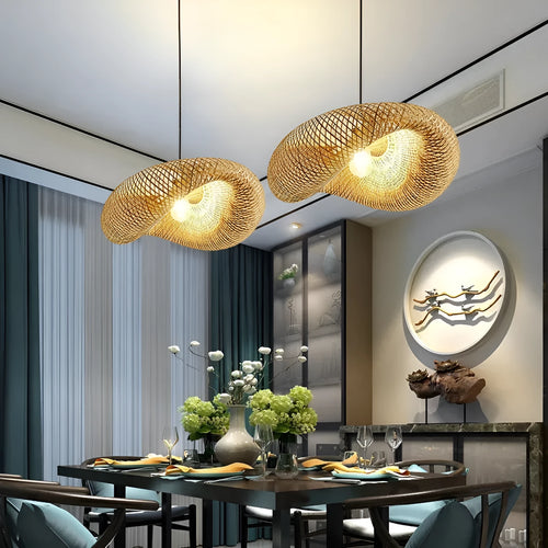 Bamboo straw hat-shaped hanging pendant lamp with natural woven shade for ceiling installation