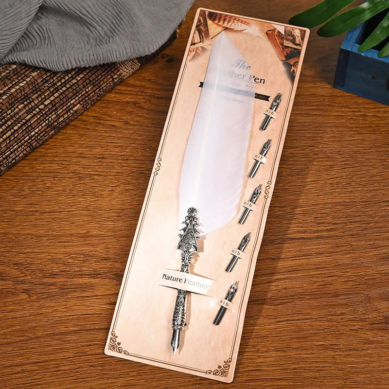 Vintage feather dip pen with zinc alloy body in multiple colour options for calligraphy