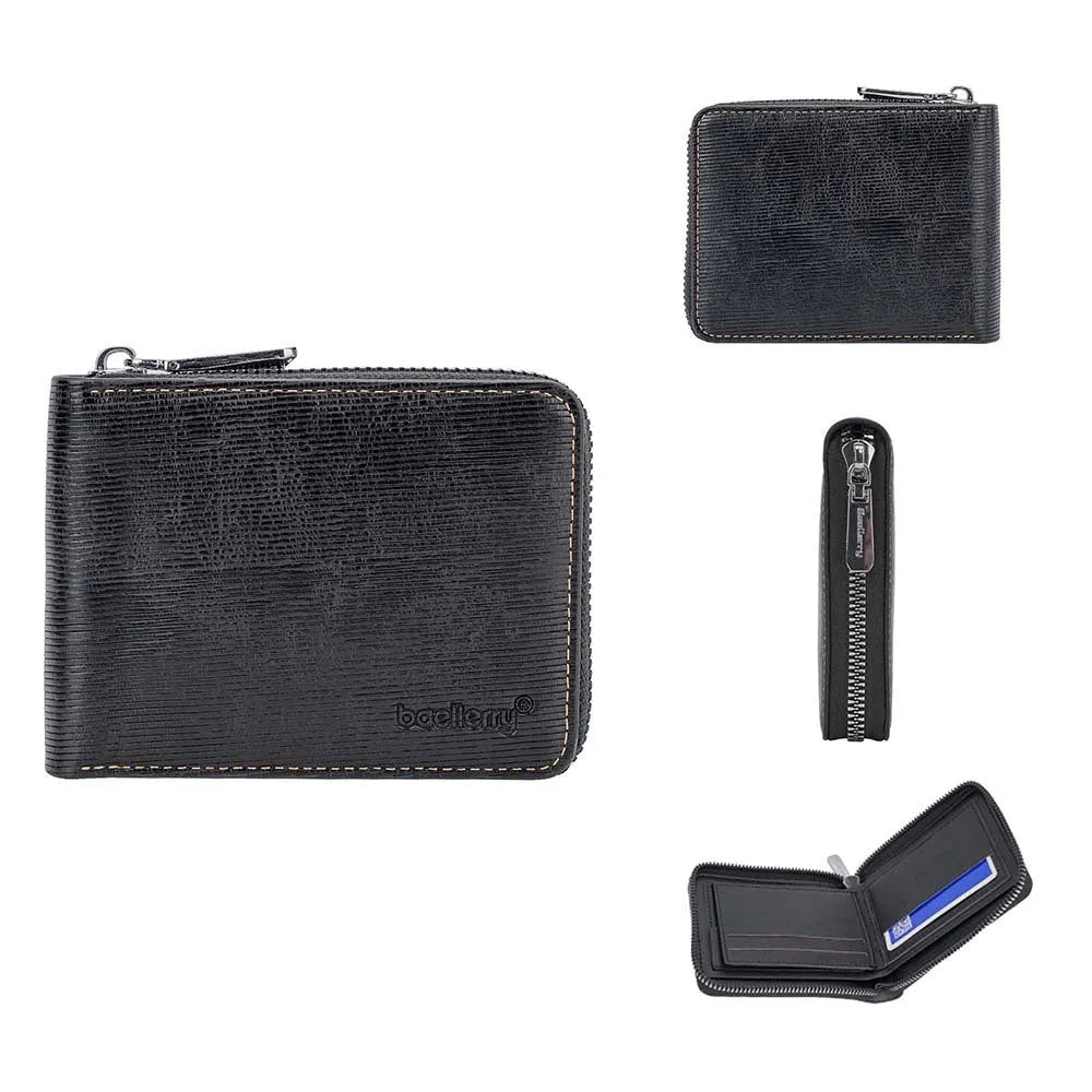 Black embossed PU leather zip wallet showing credit card slots and anti-theft zipper closure