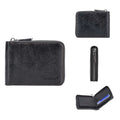 Black embossed PU leather zip wallet showing credit card slots and anti-theft zipper closure