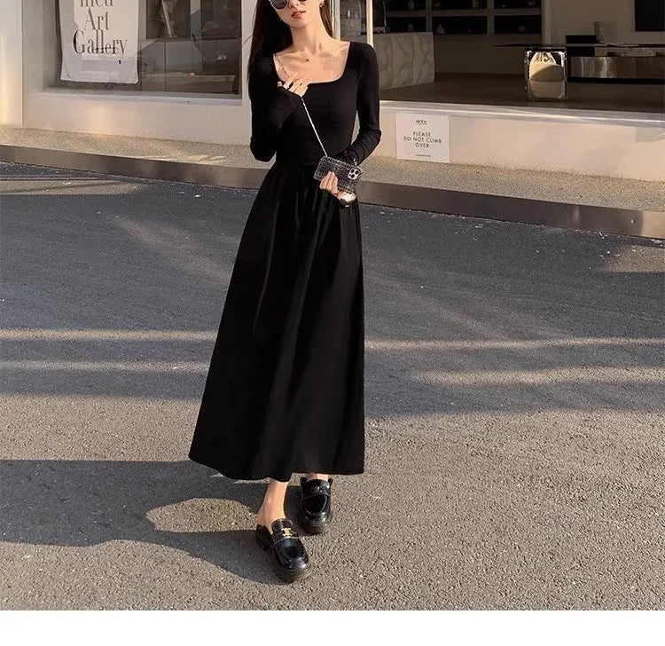 Women's square collar knitted dress with elastic waist and A-line long skirt in black or grey
