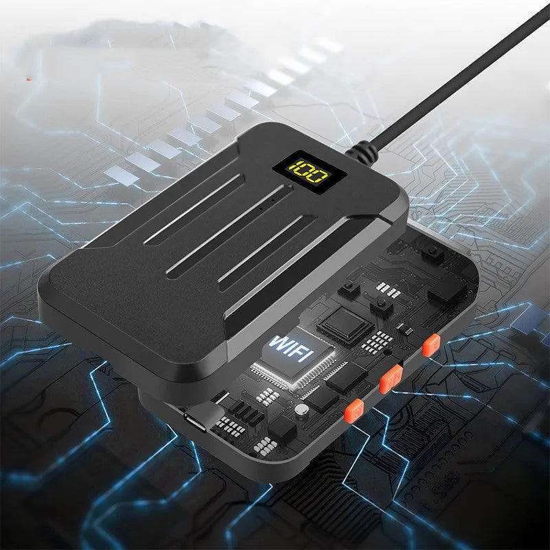 Wireless endoscope with dual-lens camera, magnet, and hook accessories on a table