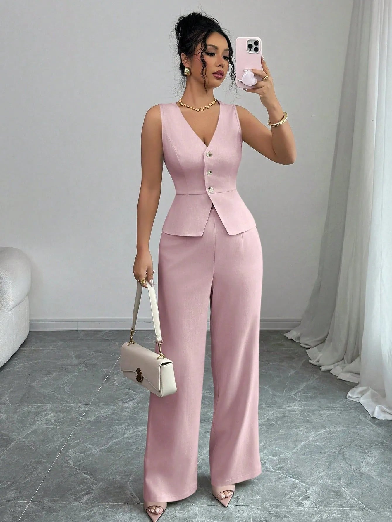 Women's solid colour sleeveless vest and high waist trousers two-piece set in Japanese Korean casual style