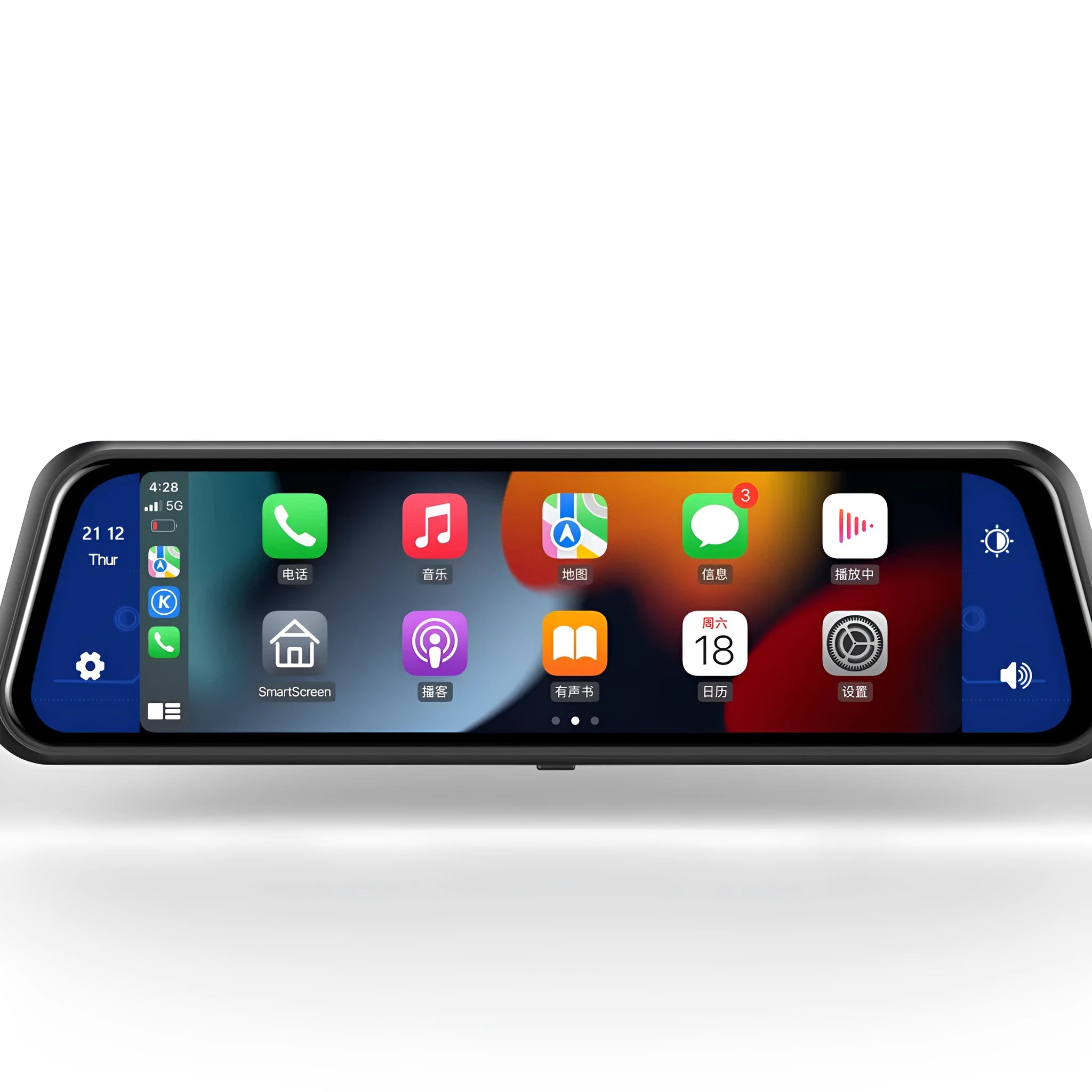 Black dual-lens driving recorder with 9.66-inch screen mounted on a car rearview mirror.