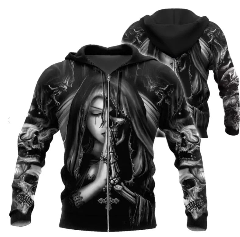Black hooded sweatshirt with a large 3D white skull anime graphic on the front.