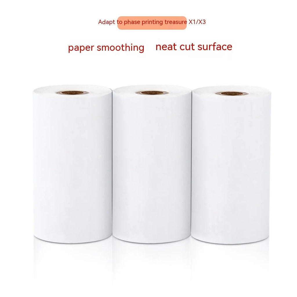 Three rolls of 57mm wide white thermal paper on a 30mm core, packaged together.