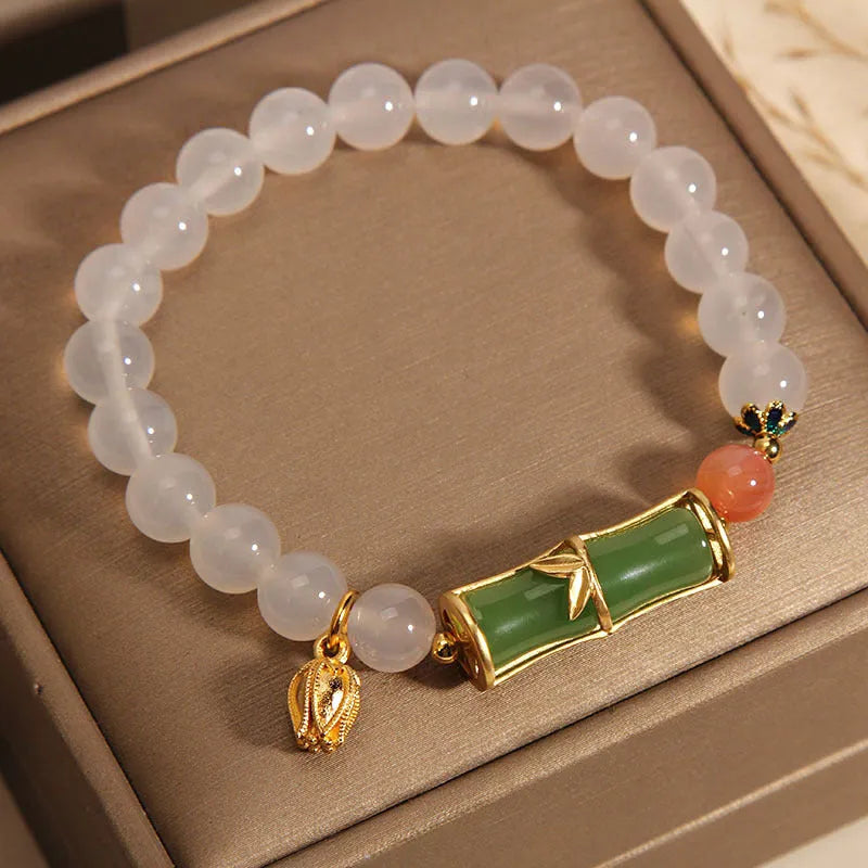 White agate jasper bamboo bracelet with jade beads, adjustable Chinese style women's jewellery