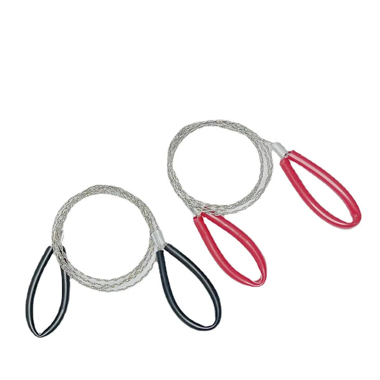 Black leather case containing stainless steel wire survival saw with red pull handles