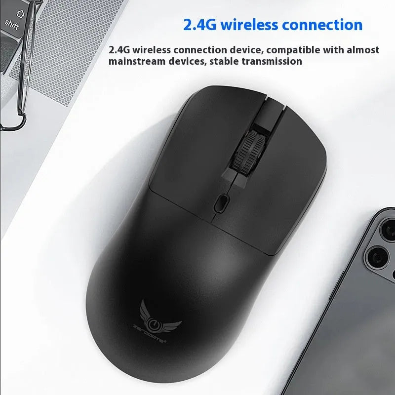 Black wireless computer mouse with three-gear audio control buttons on side