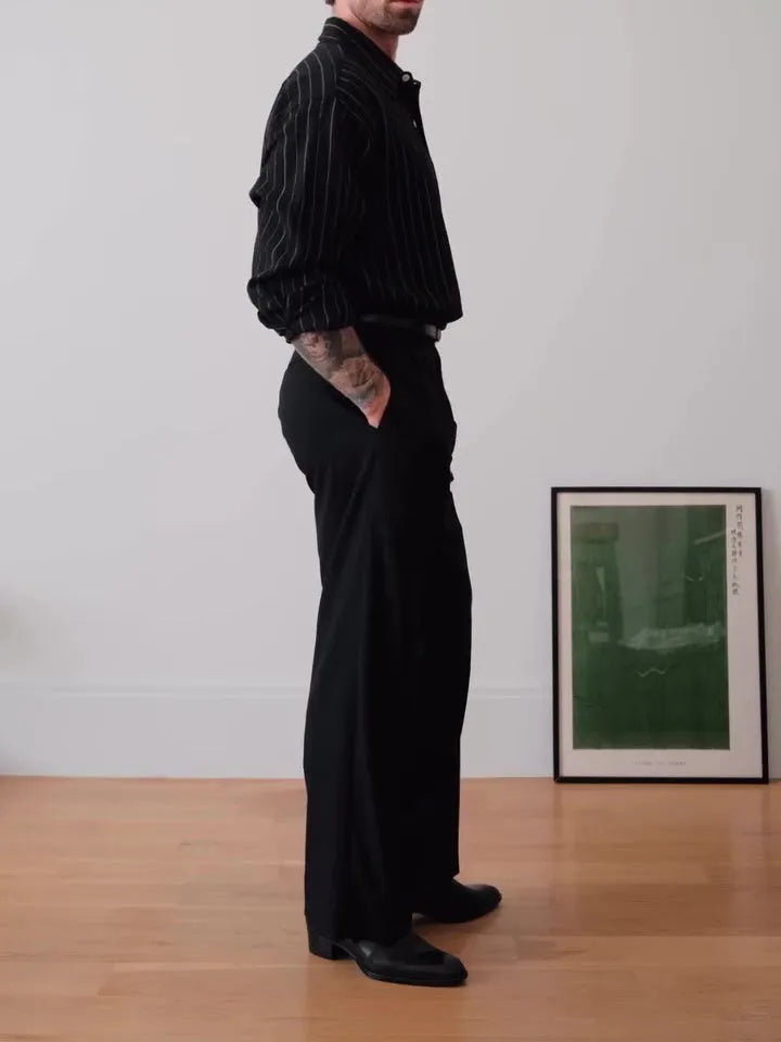 Men's black pinstripe button-down shirt with long sleeves and a regular fit