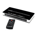 Black HDMI switch unit with four input ports, one output port, remote control, and UK plug power adapter.