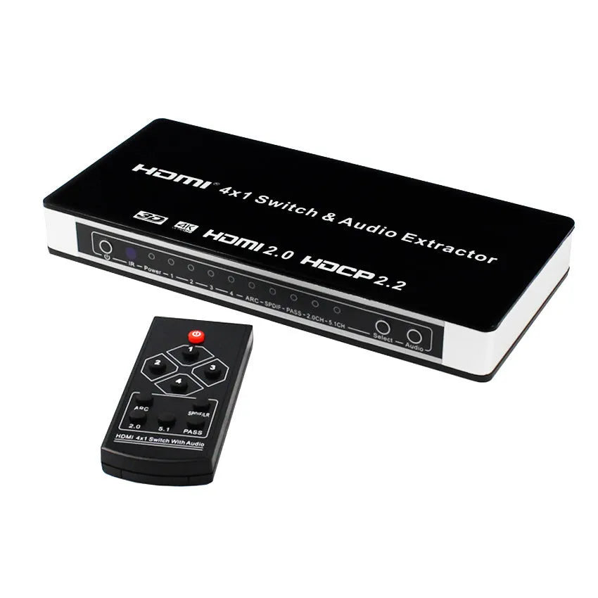 Black HDMI switch unit with four input ports, one output port, remote control, and UK plug power adapter.