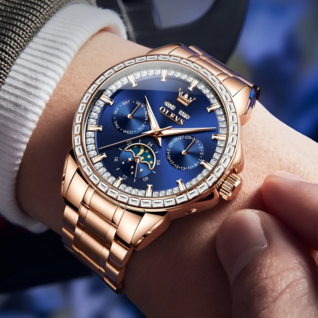 Men's automatic mechanical watch with diamond dial on stainless steel strap