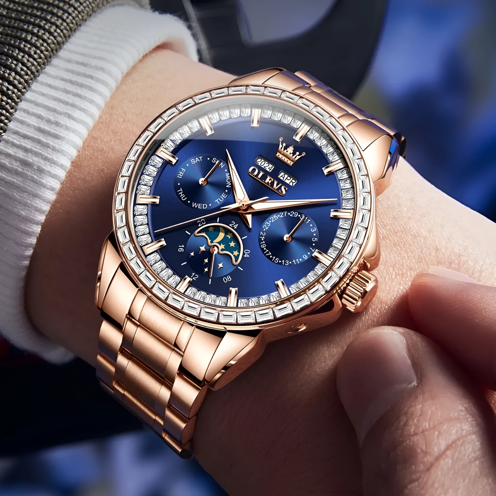 Men's automatic mechanical watch with diamond dial on stainless steel strap