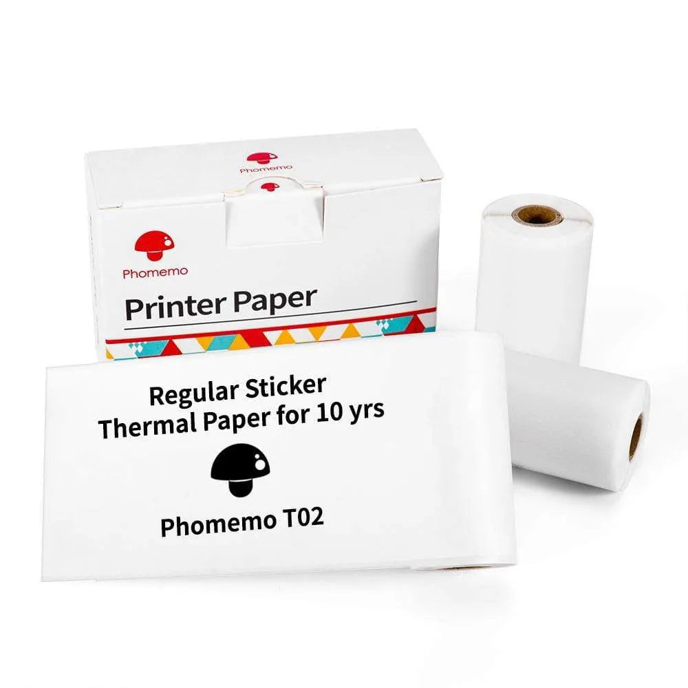 Phomemo T02 mini thermal label printer in white with Bluetooth icon and thermal paper roll, compact 87mm x 90mm x 40mm