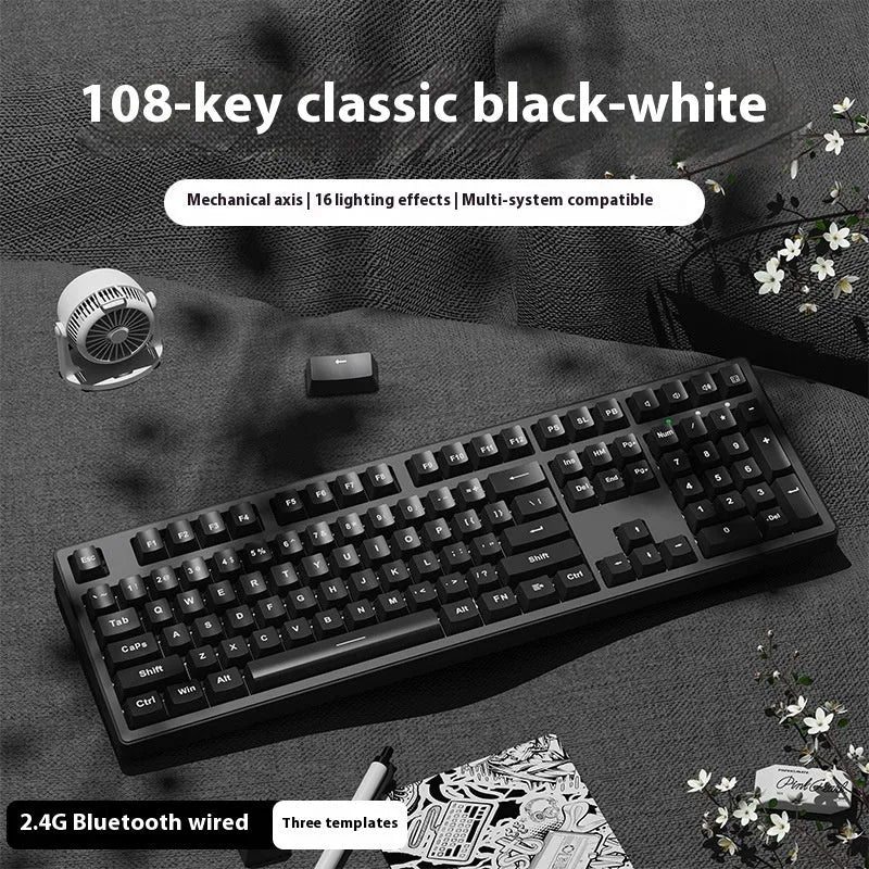 Triple-mode mechanical keyboard in various colour options showing 87-key and 108-key layouts