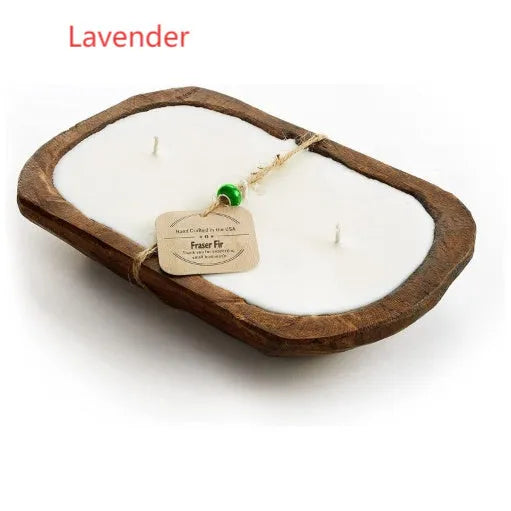 Retro lavender wooden basin containing a soy wax aromatherapy candle with a three-lamp wick.