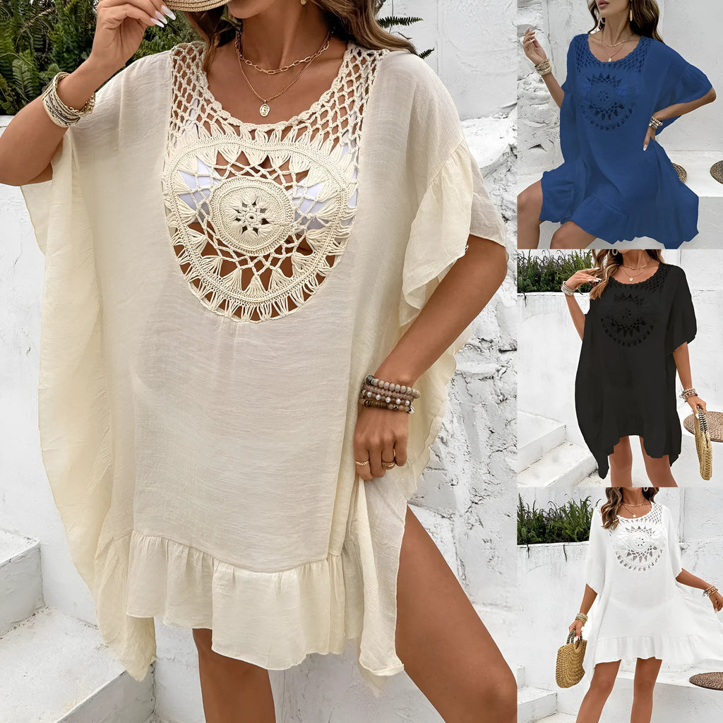 Beach crochet stitching dress swimsuit with patchwork skirt design in four colour options