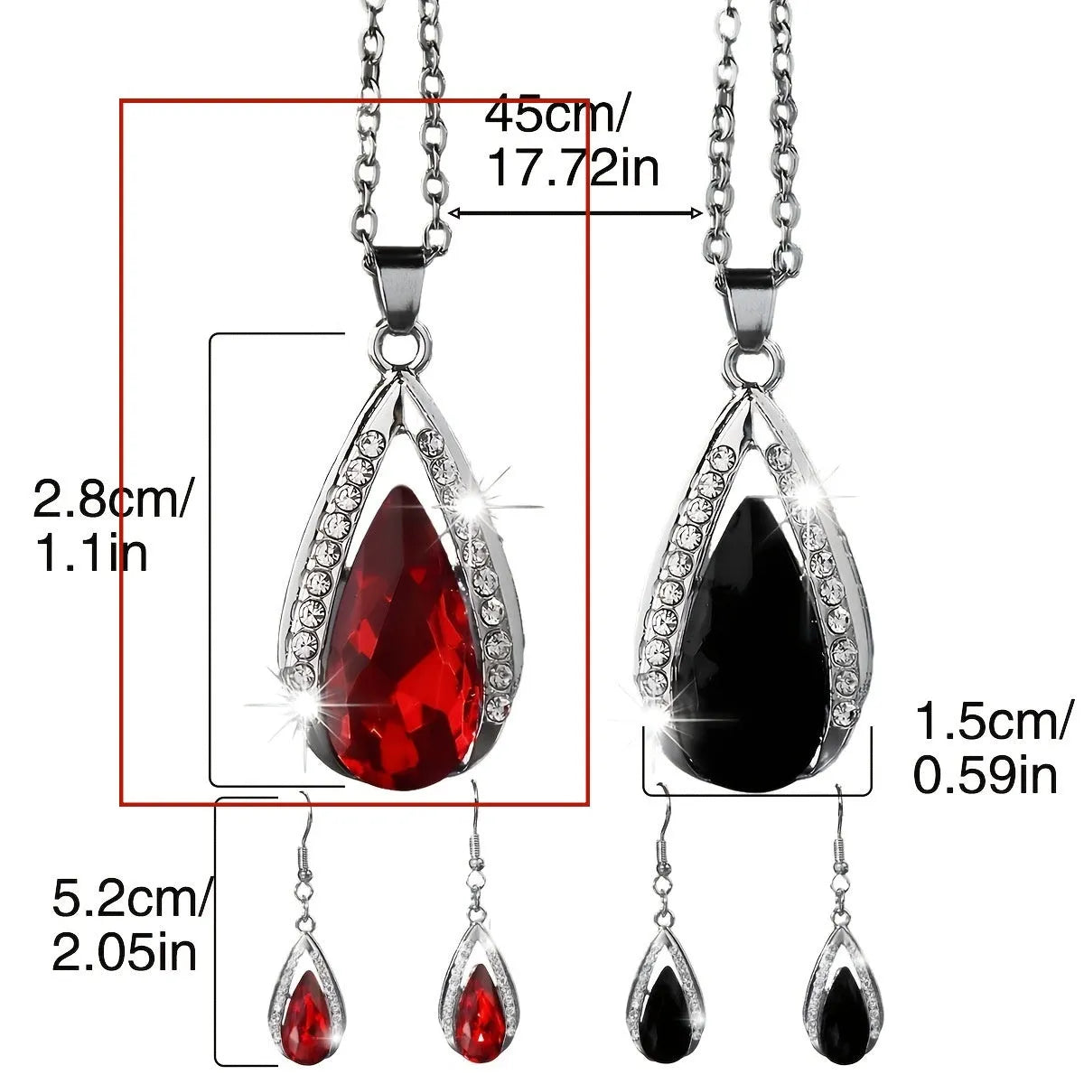 Black or red teardrop glass pendant necklace and matching earrings jewellery set