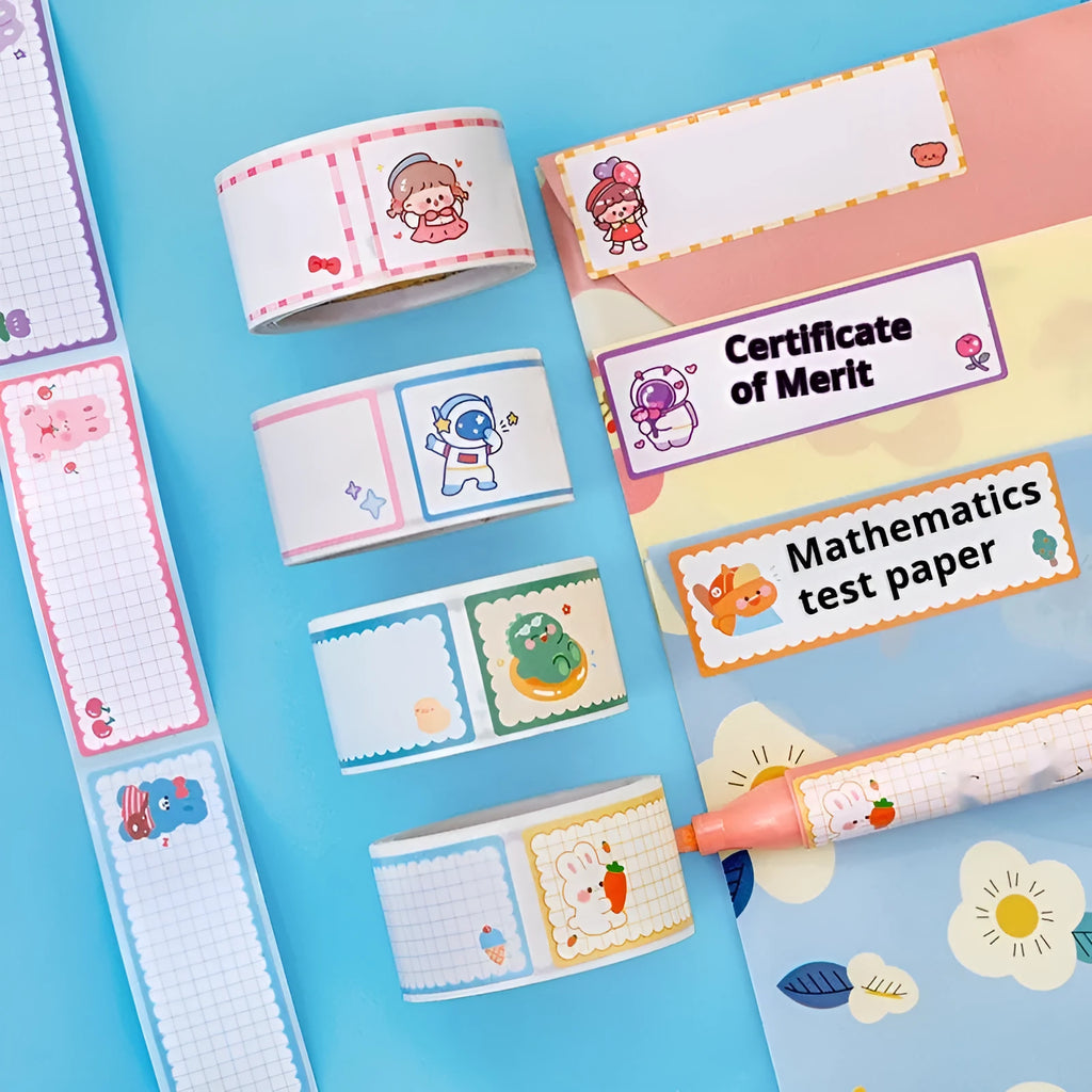 Roll of cartoon name tape stickers showing dinosaur, astronaut, rabbit and girl theme designs