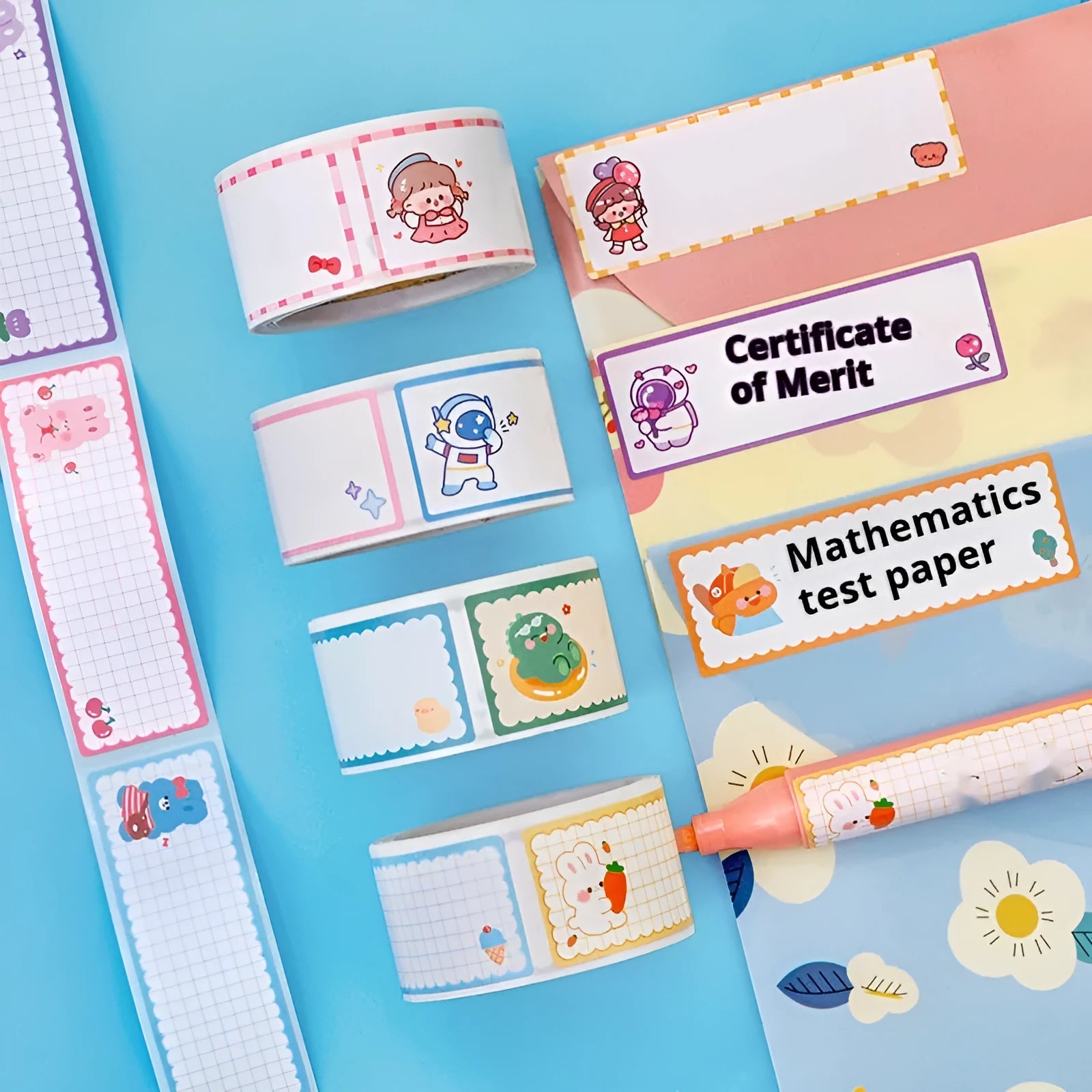 Roll of cartoon name tape stickers showing dinosaur, astronaut, rabbit and girl theme designs