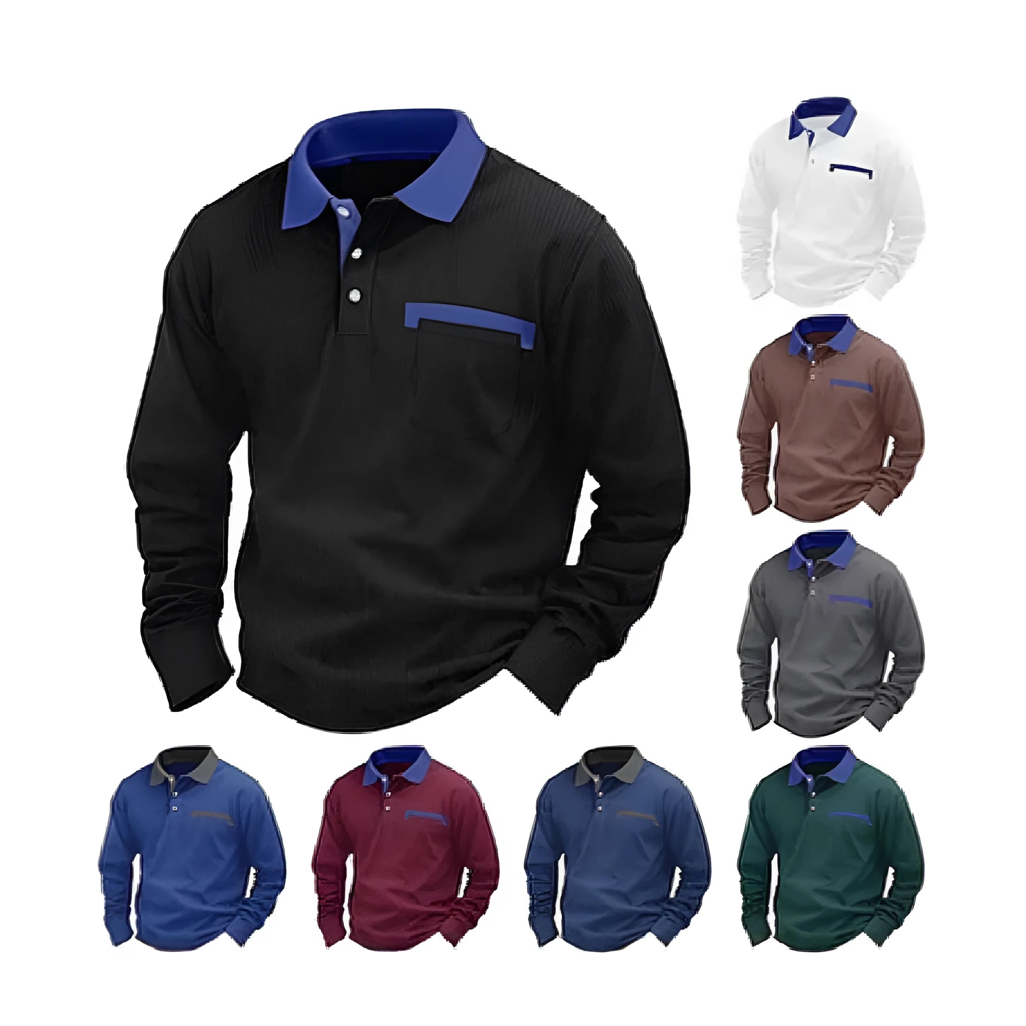 Men's long-sleeved waffle polo shirt in solid colour with asymmetric design details