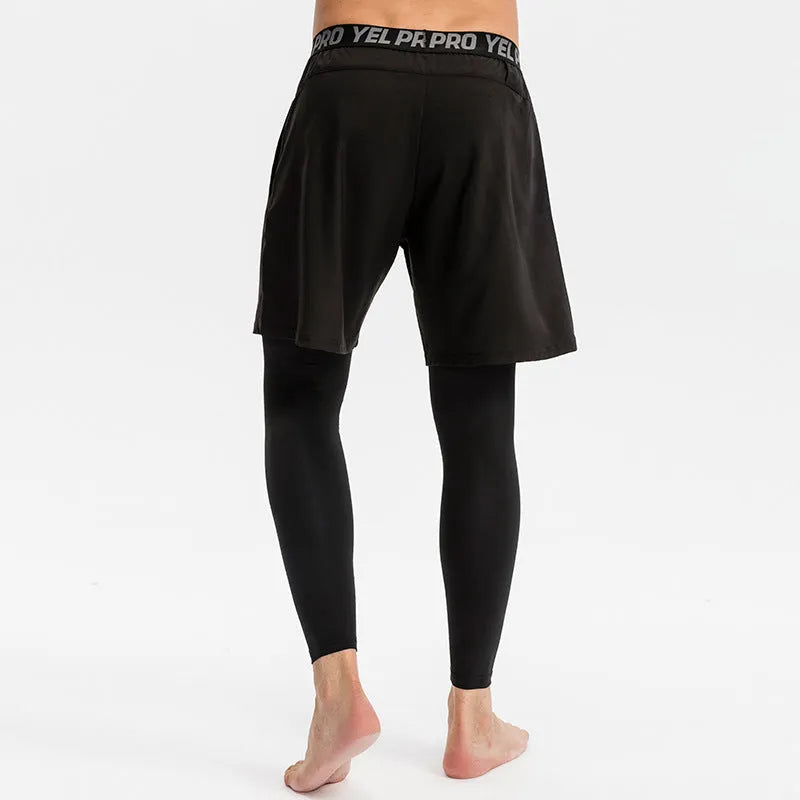 Men's tight fitness pants in grey polyester spandex fabric, shown in a running pose.