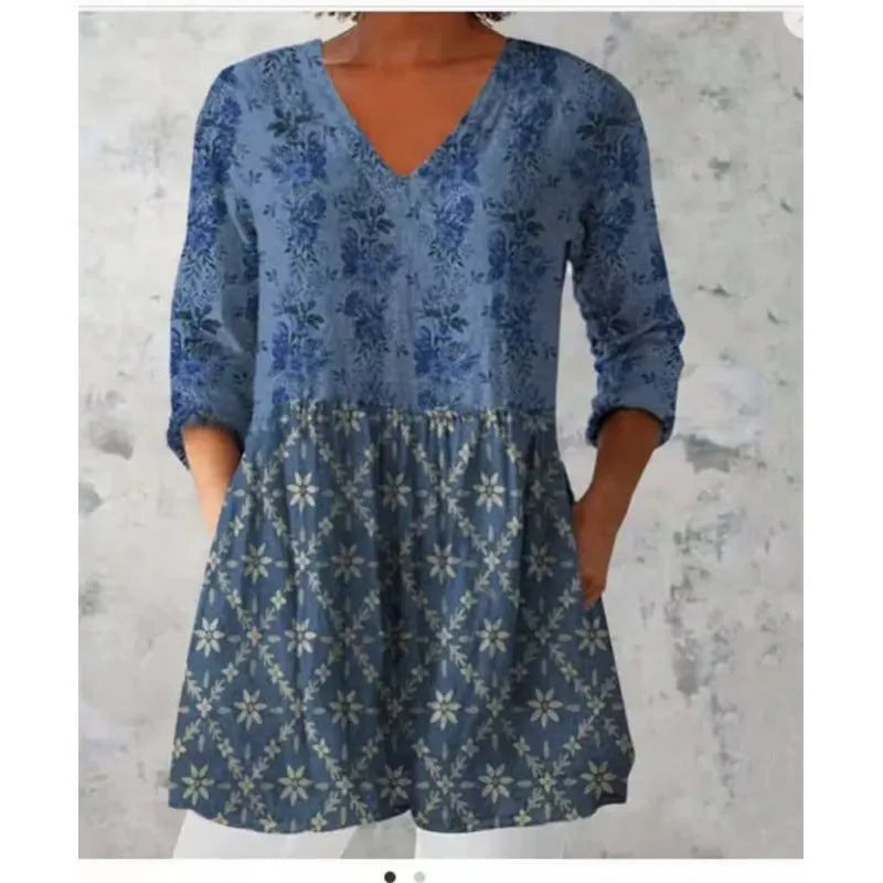 Women's printed loose wave dress with 3/4 sleeves and wide waist in polyester fabric