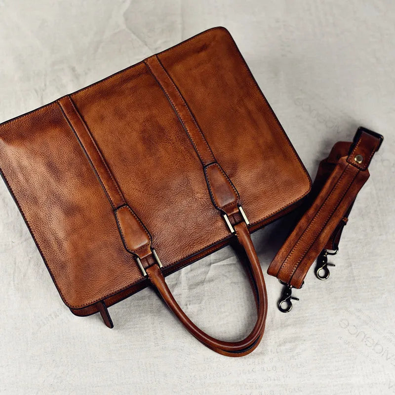 Men's 14-inch horizontal leather business handbag with zipper opening in khaki colour