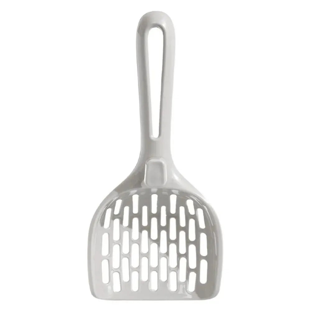Grey plastic cat litter scoop with a detachable waste-catching base on a white background.