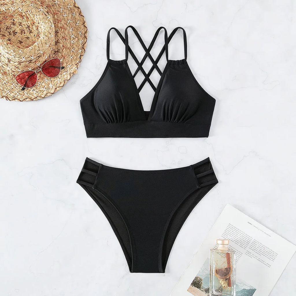 Women's V-neck halter bikini swimsuit with split bottoms in multiple colour options
