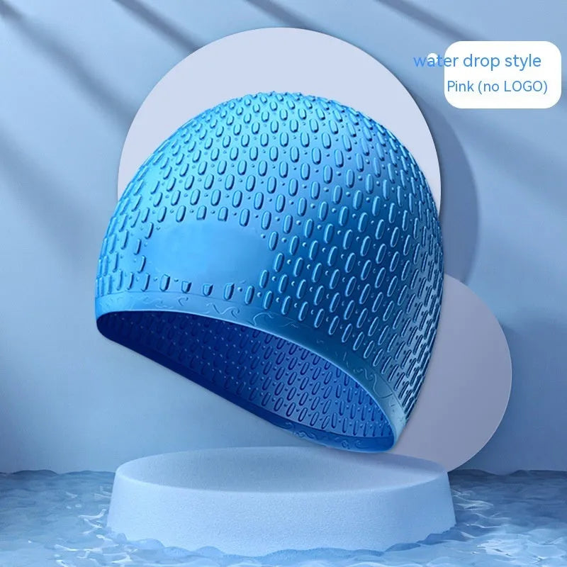 Silicone adult swimming cap with water drop texture in solid colour options on white background.