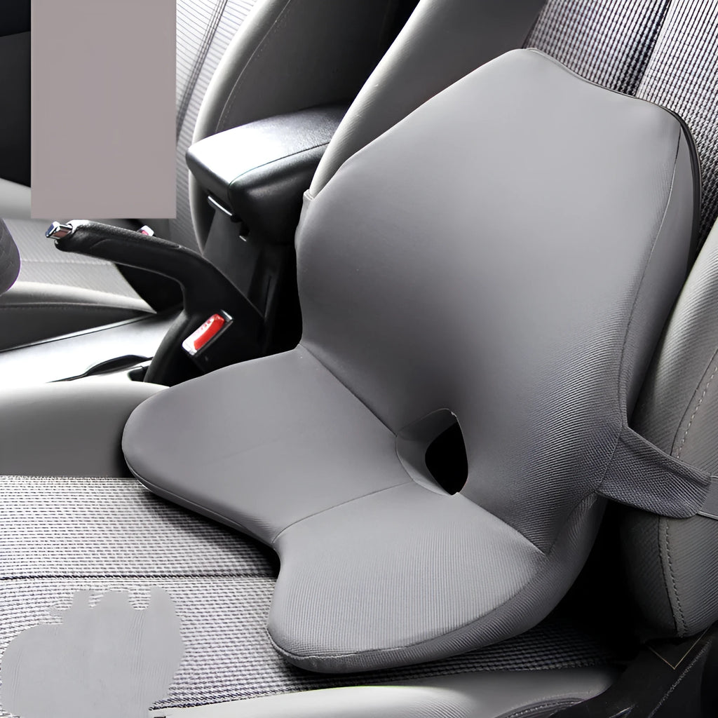 Memory foam car waist pad and headrest combination in a neutral colour for lumbar support.