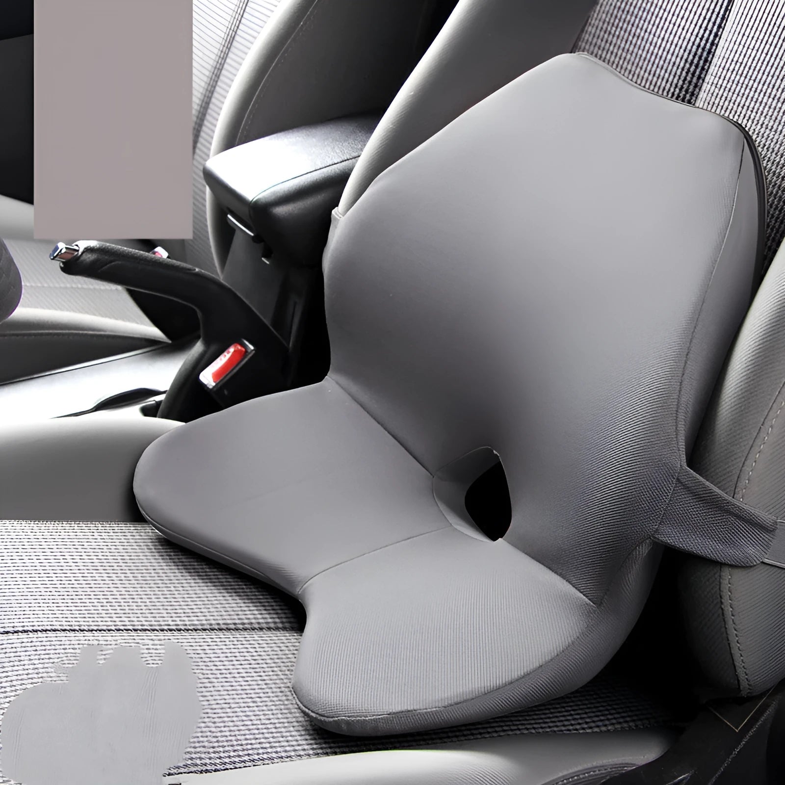 Memory foam car waist pad and headrest combination in a neutral colour for lumbar support.