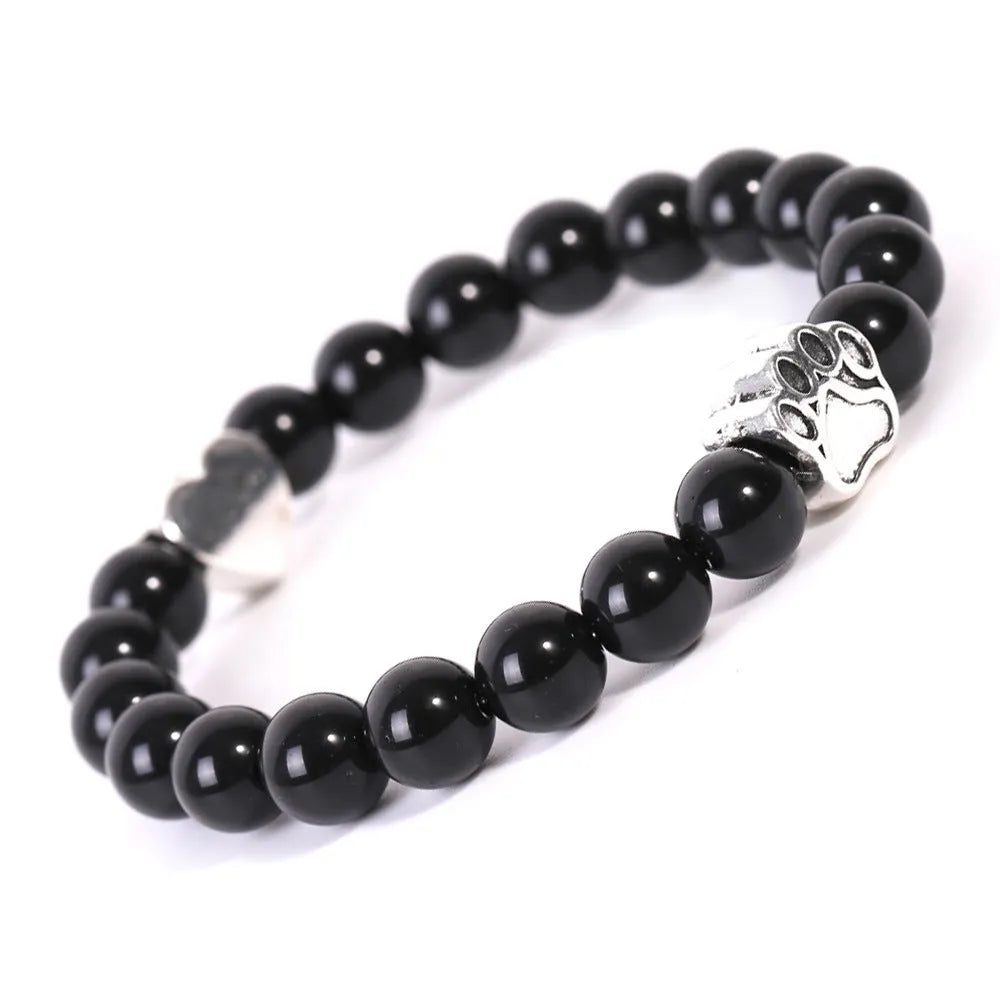 Tigereye Indian agate stone bracelet with dog's paw and love heart charms in beaded geometric design
