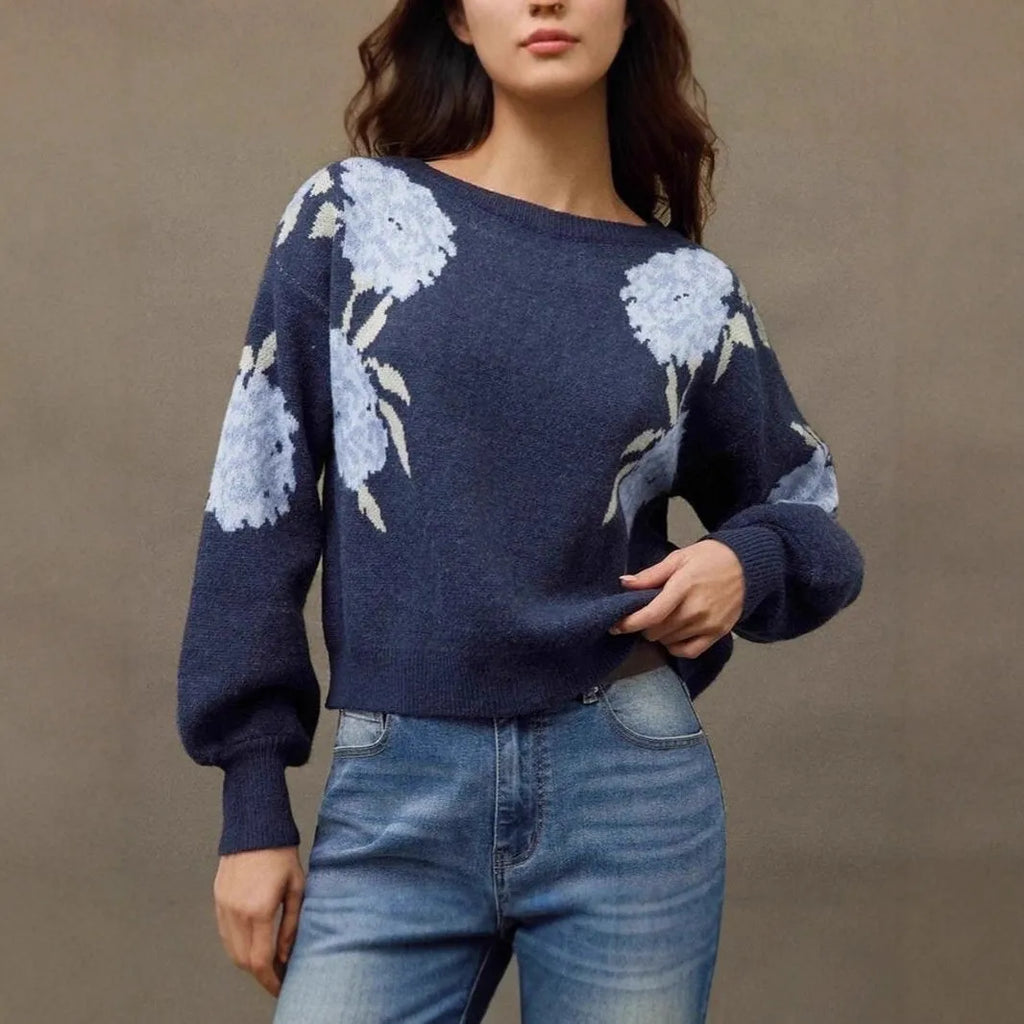 Women's sapphire blue pullover sweater with flower jacquard pattern, off-neck design, and loose fit