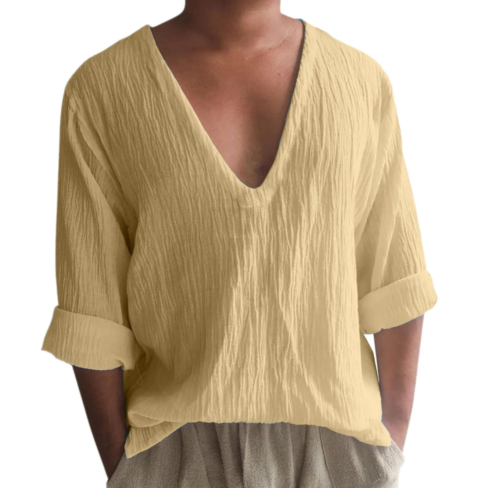 Men's solid colour long sleeve V-neck T-shirt in washed cotton and linen blend.