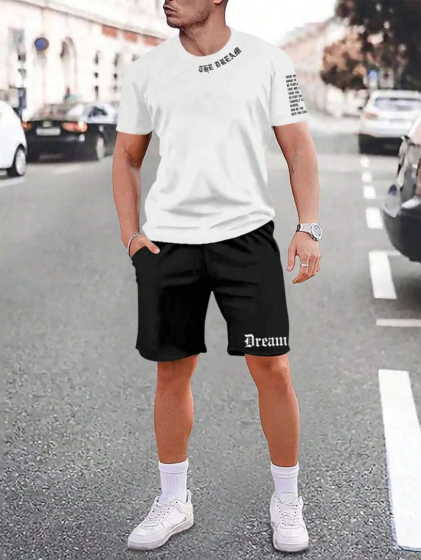 Sports style short-sleeved shorts set with printing pattern in polyester blend fabric