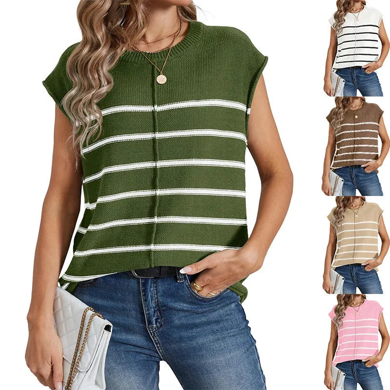 Women's striped sleeveless vest pullover with bone stitch detailing in acrylic knit fabric