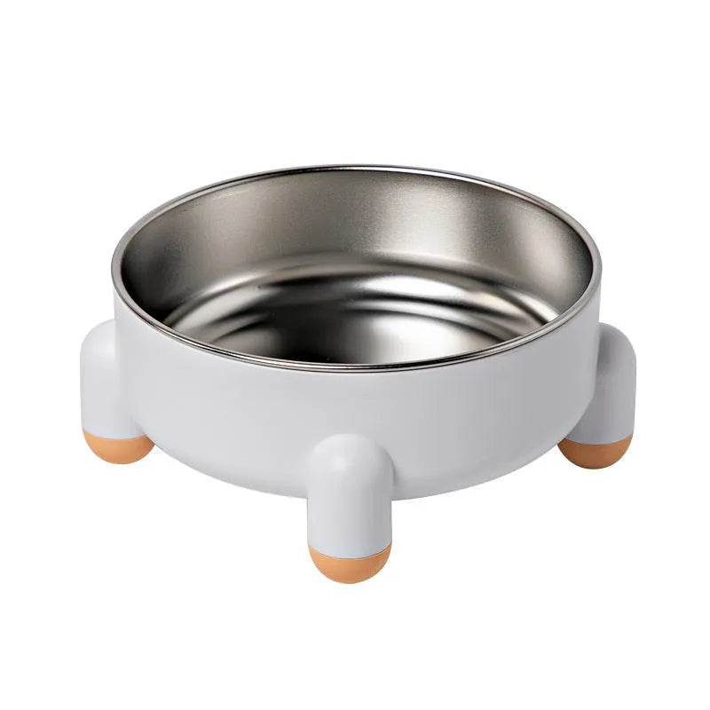 Stainless steel pet bowl with high foot and non-slip base in green, pink, or white colour